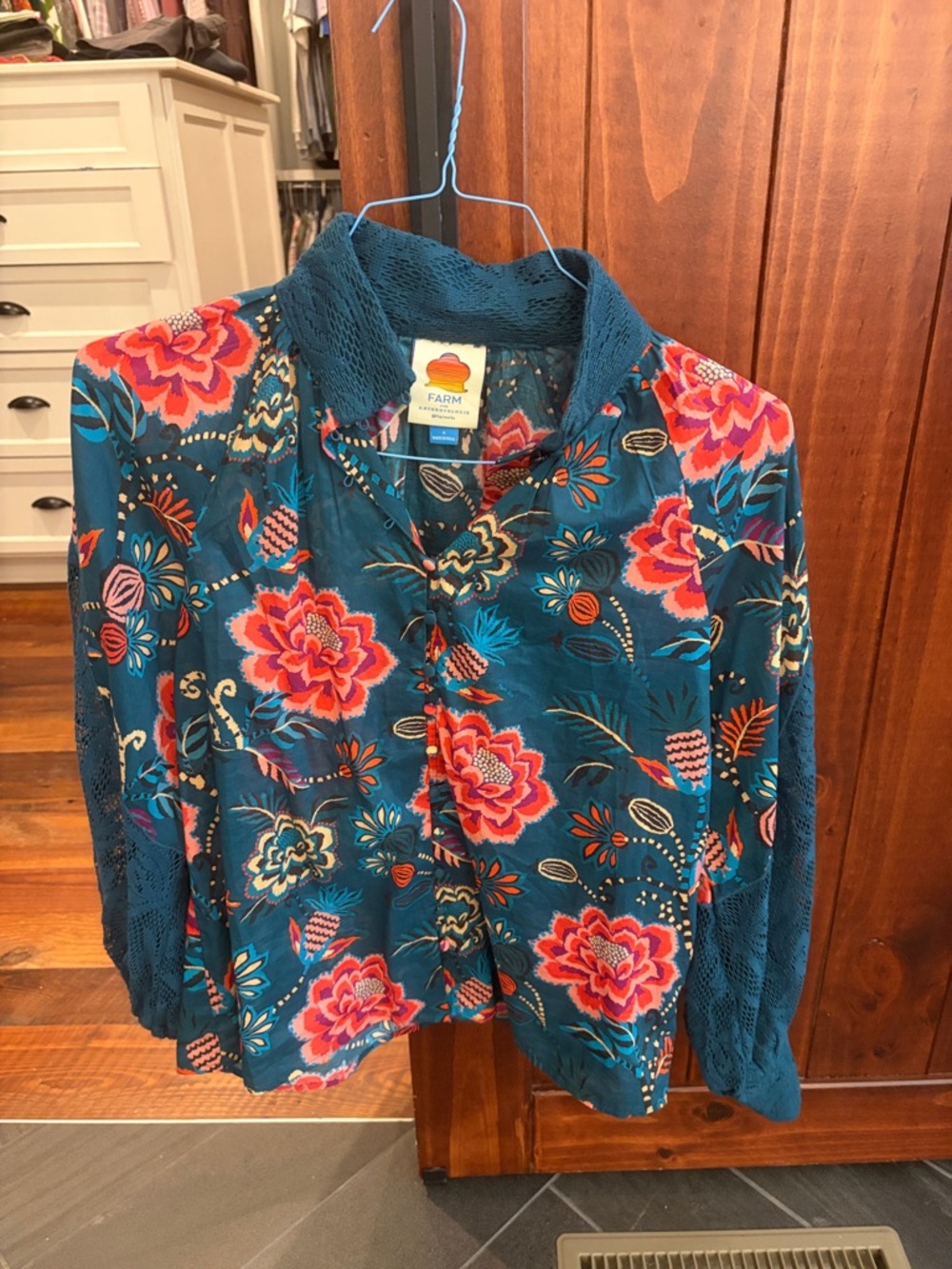 FARM Rio Teal Floral Button-Down Blouse with Pink & Coral Blooms
